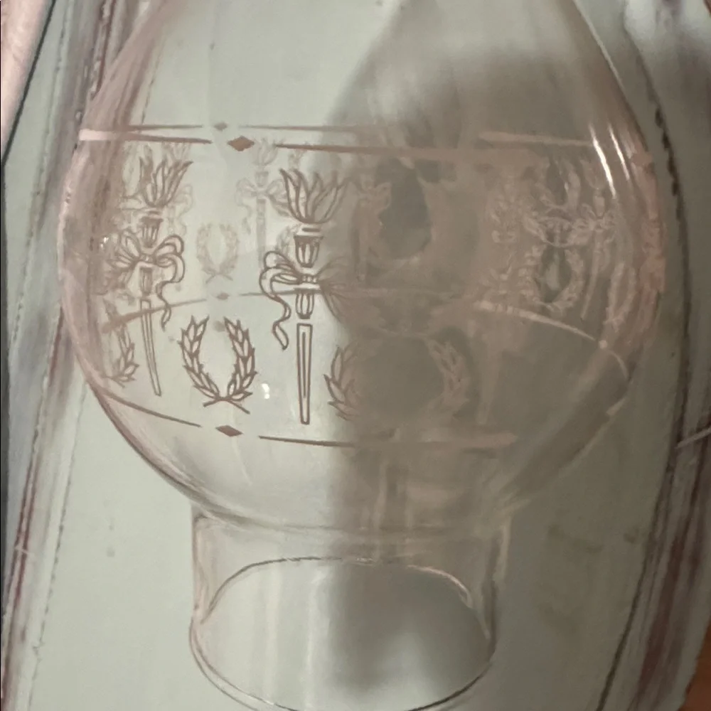 VTG Metal Oil Lamp, Glass Chimney Etching of Torches & Laurel Wreaths in white